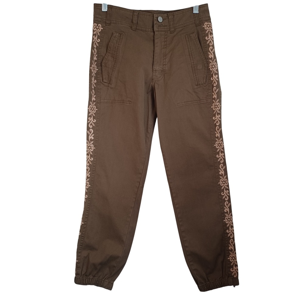 Sundance Women Brown Embroidered Utility Jogger Pants Melbourne Ankle Zip Size 2